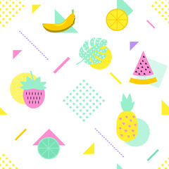  Summer seamless pattern with fruits and geometric elements in memphis style. Vector background.
