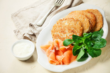 Potato pancakes with salmon