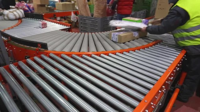 Sorting and Shipping Parcels at Conveyer Rollers in Distribution Warehouse