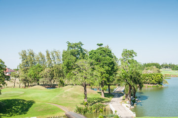 Beautiful garden and lake with blue sky.