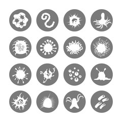 Microbes and immune bacteries white icons on grey rounds. Vector illustration