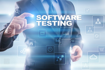 Businessman selecting software testing on virtual screen.