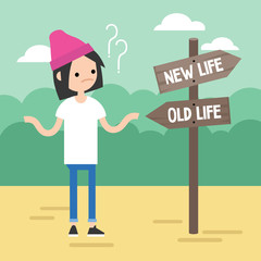 Young concerned girl trying to decide where to go / editable flat vector illustration, clip art