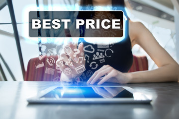 Woman using tablet pc and selecting best price.