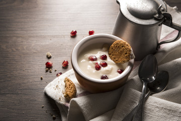 yogurt almond, pomegranate, rhubarb, walnut dessert breakfast