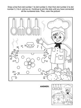 Young chef at the kitchen connect the dots picture puzzle and coloring page. Answer included. Suitable for Thanksgiving Day holiday celebration fun activities.