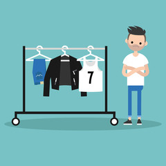 What to wear. Young concerned bearded man looking at the row of clothes hanging on the open hanger. Clothes rack. Rail. Wardrobe / flat editable vector illustration, clip art