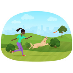 Vector illustration of the African woman playing with dog in the park. Frisbee sport.