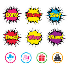 Birthday party icons. Cake and gift box symbol.