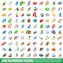 100 planning icons set, isometric 3d style
