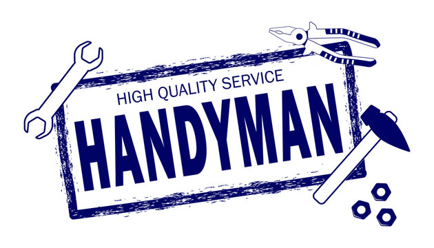 Handyman.  High quality service logo.  Stamp of handyman service. Set of repair tools. Stock vector. Flat design.
