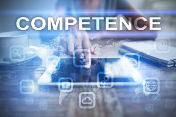 Woman using tablet pc, pressing on virtual screen and selecting competence.