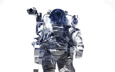 Modern space art. Astronaut at spacewalk. Dust of universe, smoke, isolated on clear white background. Elements furnished by NASA