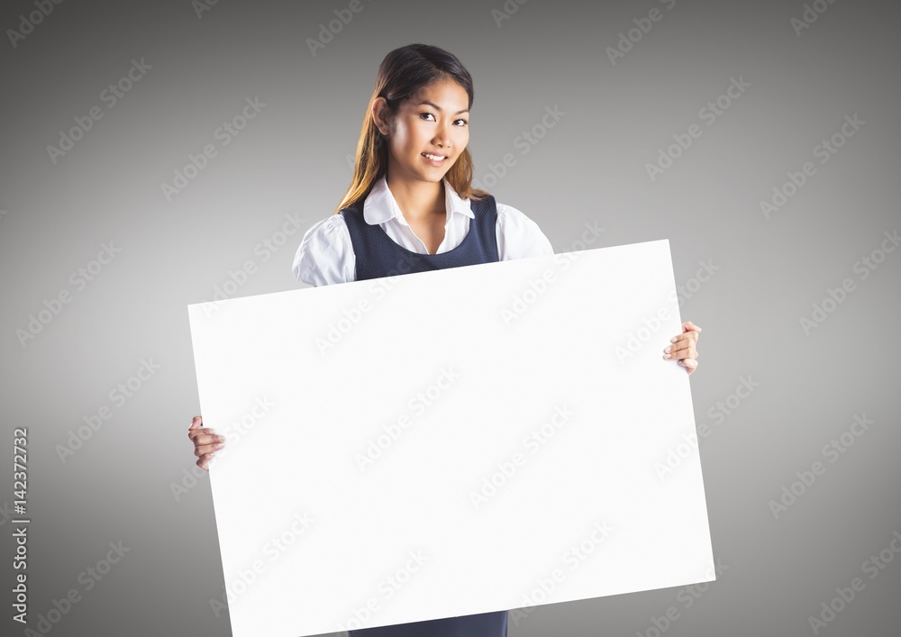 Sticker business woman with large blank card against grey background