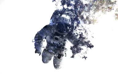 Fotobehang Nasa Moderne ruimtekunst. Astronaut op ruimtewandeling. Stof van universum, rook, geïsoleerd op een heldere witte achtergrond. Elementen geleverd door NASA