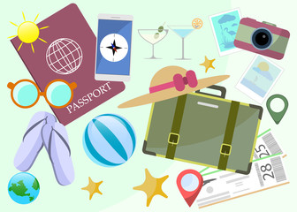Travel objects set in flat design. Summer holidays.