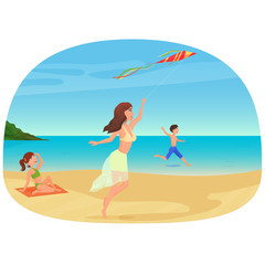 Obraz na płótnie Canvas Vector illustration of the young mother flying a kite with the children on a beach.