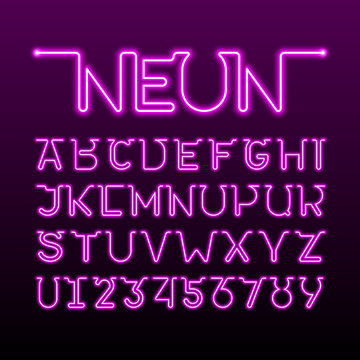 One thin single continuous line neon tube font. Alphabet and numbers