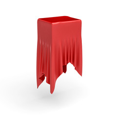 3d rendering of a piece of red satin clothes is hiding a box on the center isolated on white background