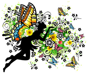 Beautiful summer fairy with butterflies, sunflowers, daisies and branches of palm. © Vanessa