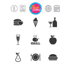 Food, drink icons. Alcohol and burger signs.