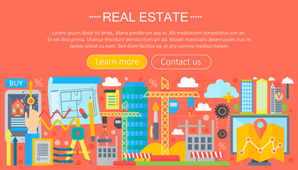 Real estate design concept set with online search apartment rental market buying flat icon infographics template design, web header icons elements. Vector illustration.