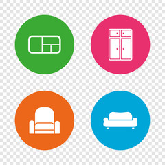 Furniture icons. Sofa, cupboard, and book shelf.