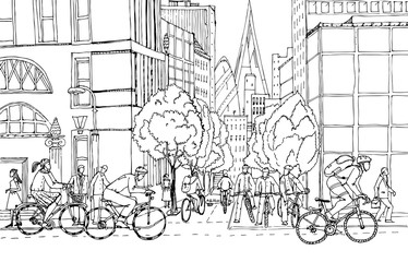 Obraz premium Office workers commute to the City centre by bikes. Cyclists on the City roads. Healthy life concept illustration. 