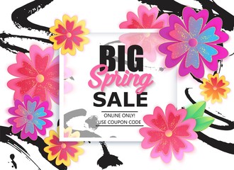 Big spring sale banner with colorful flower.