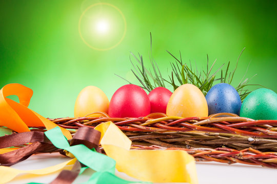 Easter colored eggs and Easter Caroling