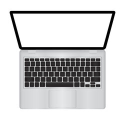 Laptop illustration with blank screen isolated on white background, white aluminium body . The upper view .