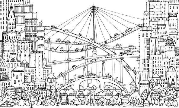 Modern city illustration with lots of cars and transport units running through the bridges, Doodle illustration 