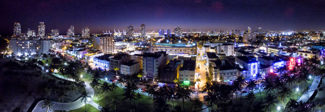 Miami Beach Ocean Drive, Aerial Panoramic Night View