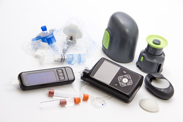 Diabetic items - Diabetes care, concept, test, monitor, background: Education about items to...