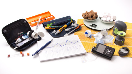 Diabetic items - Diabetes care, concept, test, monitor, background: Education about items to control diabetes: insulin pump, blood sugar meter, insulin pen, glucose injection, healthy food, glucose © stock56876