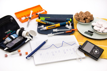 Diabetic items - Diabetes care, concept, test, monitor, background: Education about items to control diabetes: insulin pump, blood sugar meter, insulin pen, glucose injection, healthy food, glucose © stock56876
