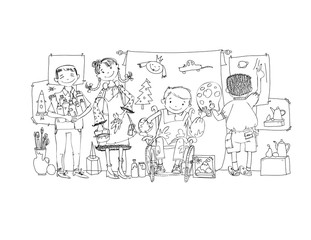 Group of children, include the boy in the wheel chair during the art lesson, drawing and enjoying activities. Illustration