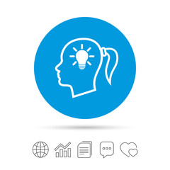 Head with lamp bulb sign icon. Female woman head.
