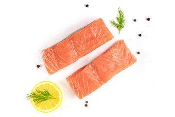 Gordijnen Photo of slices of salmon on white with copyspace © laplateresca