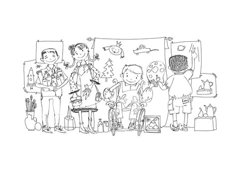 Group of children, include the boy in the wheel chair during the art lesson, drawing and enjoying activities. Illustration