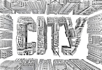 Modern city illustration. Business aria with skyscrapers composed in the  City sign
