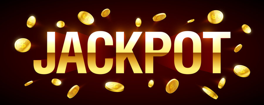 Jackpot gambling games banner with jackpot inscription and gold explosion of coins around