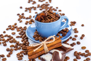 Coffee cup and beans on a white background.