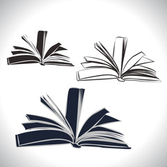 Set of open books drawn in different styles
