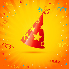 Red party hat. Red vector party hat on abstract yellow comic book flash explosion radial lines background. The symbol of the holiday and birthday c card design