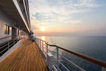 Luxury Cruise Ship Deck at Sunset. - obrazy, fototapety, plakaty