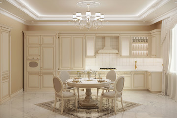 3d illustration of beige classic kitchen with a round table