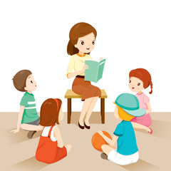 Woman Teachers Telling Story To Students, Occupation, Profession, Back to school, Book, Children, School Supplies