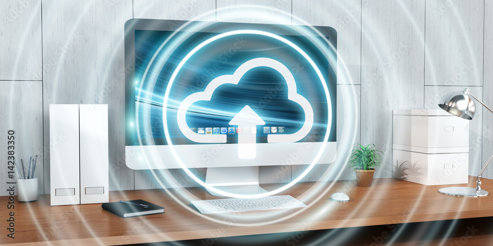 Poster workplace with modern hologram cloud icon 3d rendering