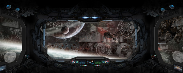 View of outer space from the window of a space station